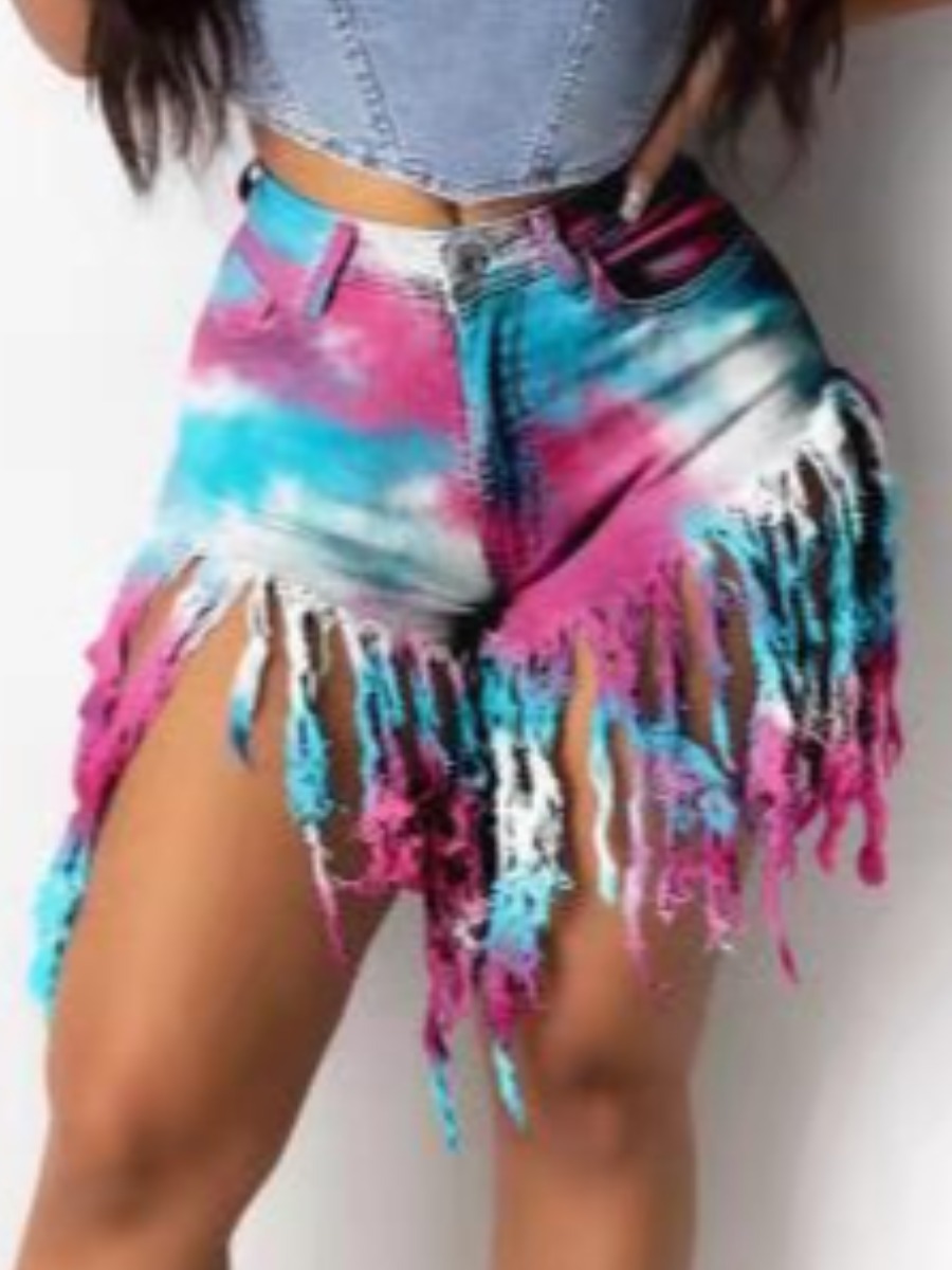 

Lovely Street Tie-dye Tassel Design Multicolor Denim Shorts, Multi