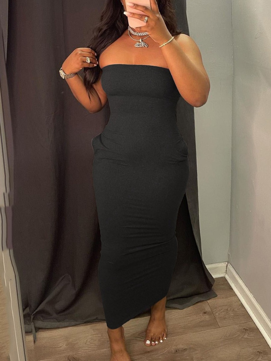 LovelyWholesale BASICS Casual Off The Shoulder Pocket Design Black Ankle Length Dress Summer Sleeveless Casual Pocket Design Spring Summer 2024