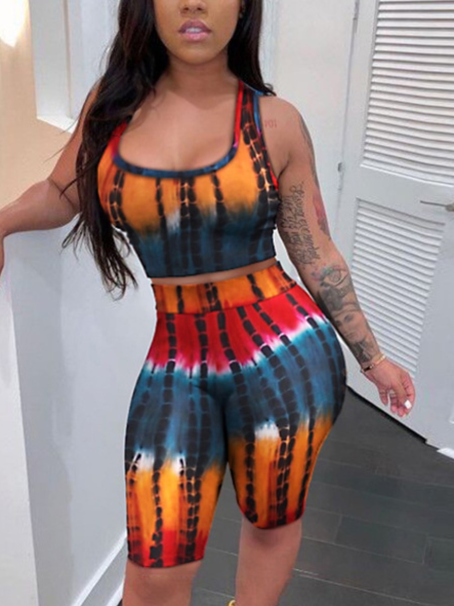 

LW Street U Neck Tie-dye Yellow Two Piece Shorts Set