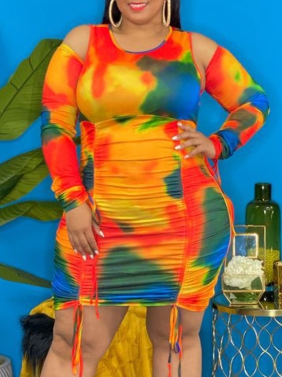 

Lovely Plus Size Street Tie-dye Drawstring Orange Knee Length Dress