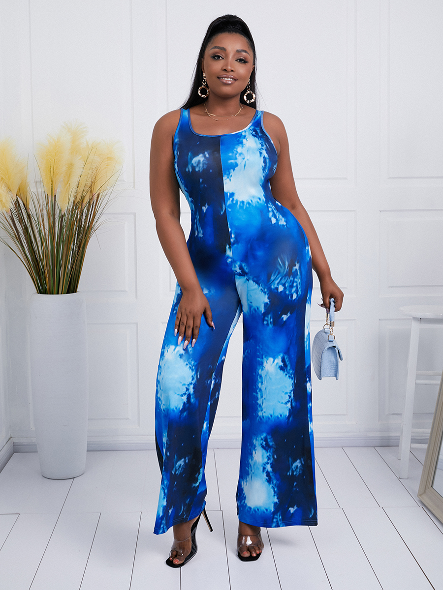 

Lovely Plus Size Casual U Neck Tie-dye Blue One-piece Jumpsuit