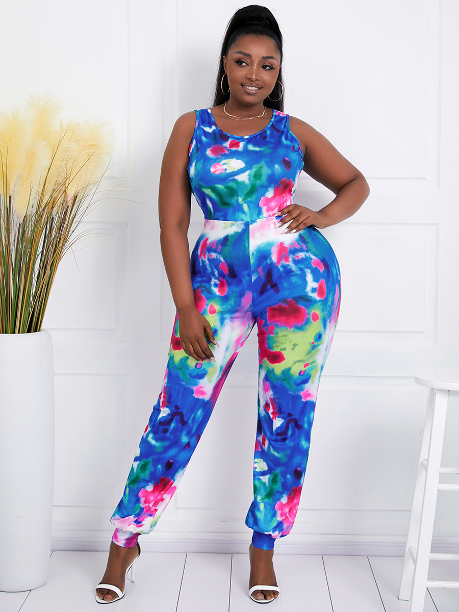 

Lovely Plus Size Street U Neck Tie-dye Blue One-piece Jumpsuit