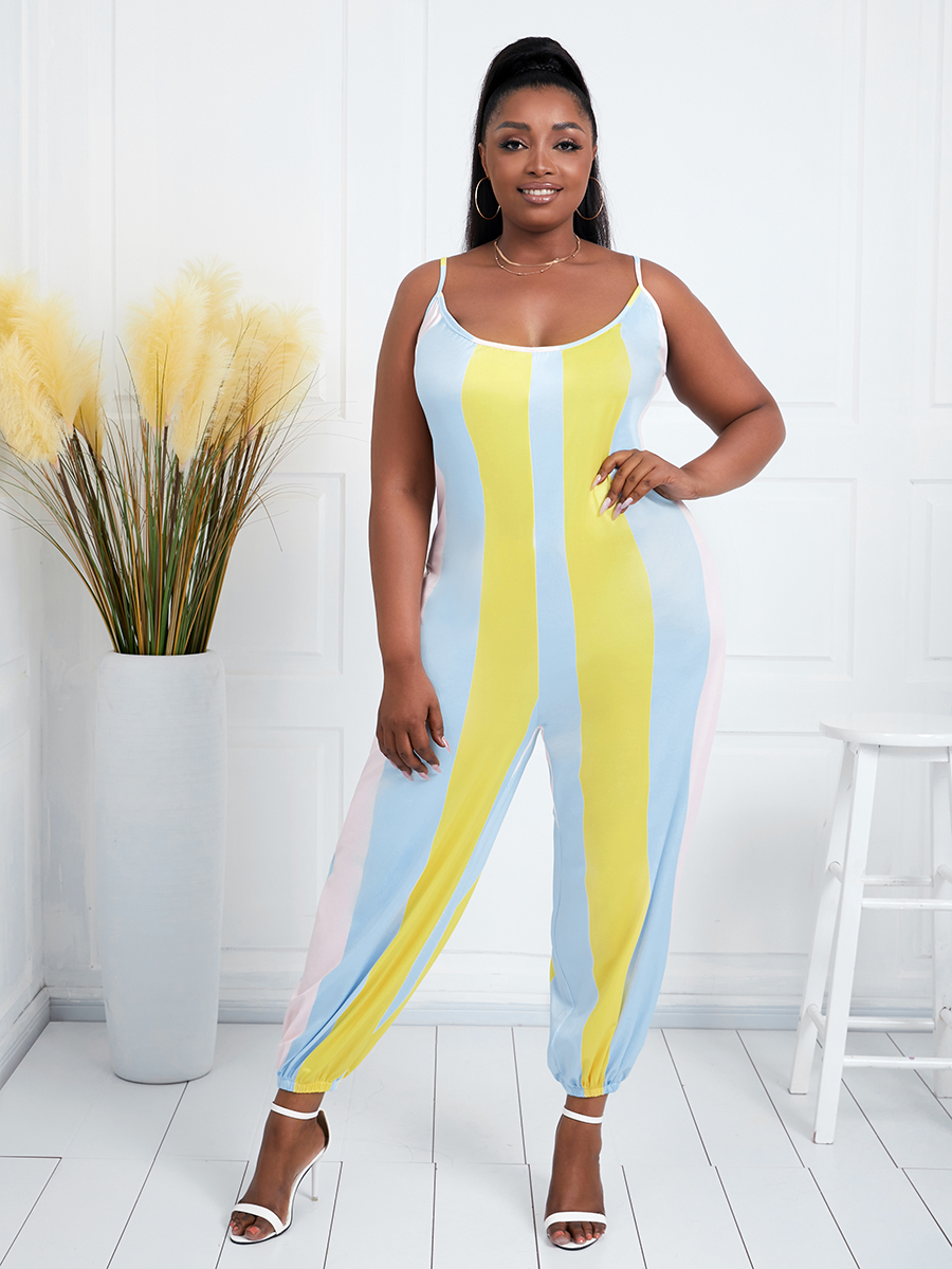 

Lovely Plus Size Boho U Neck Striped Multicolor One-piece Jumpsuit, Multi