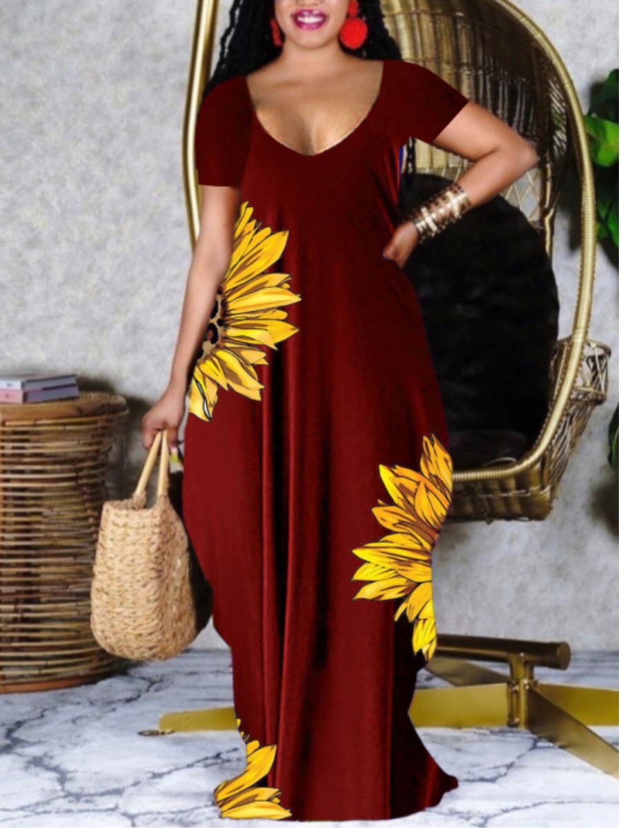 

Lovely Sunflower Casual U Neck Floral Print Red Floor Length Dress