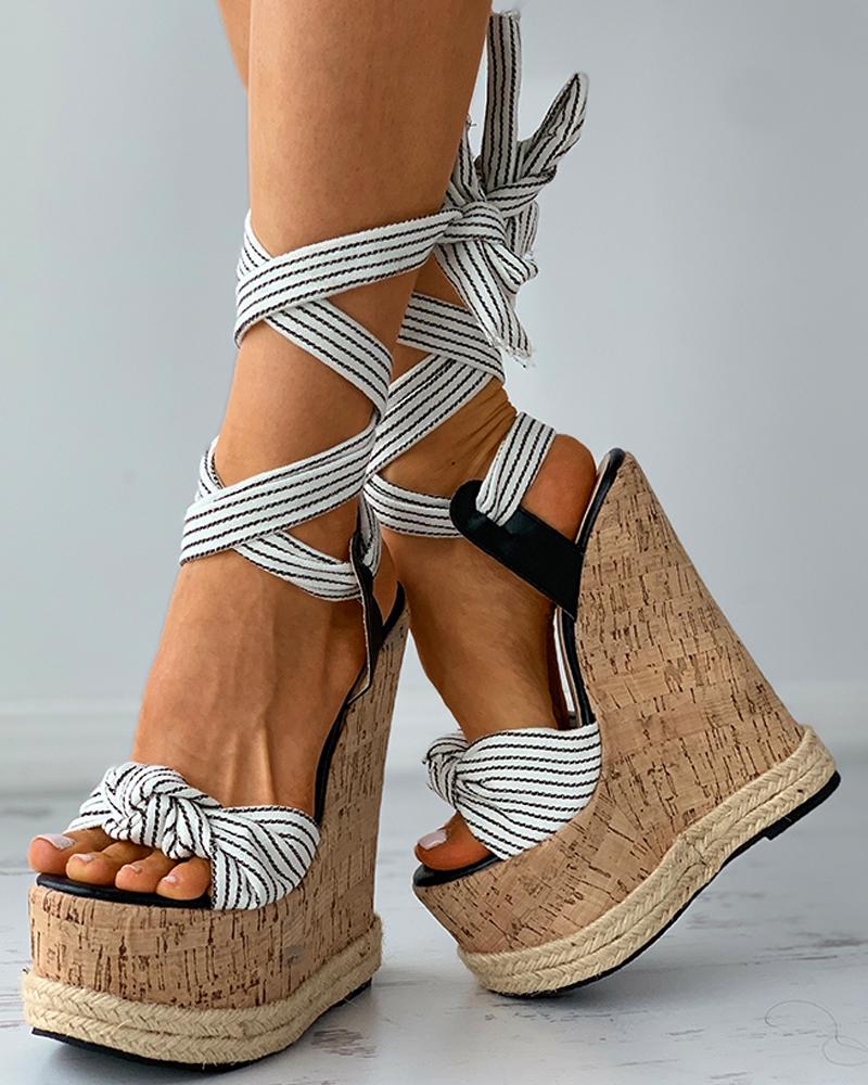 

Lovely Casual Striped Tie Leg Platform Shoes, Apricot