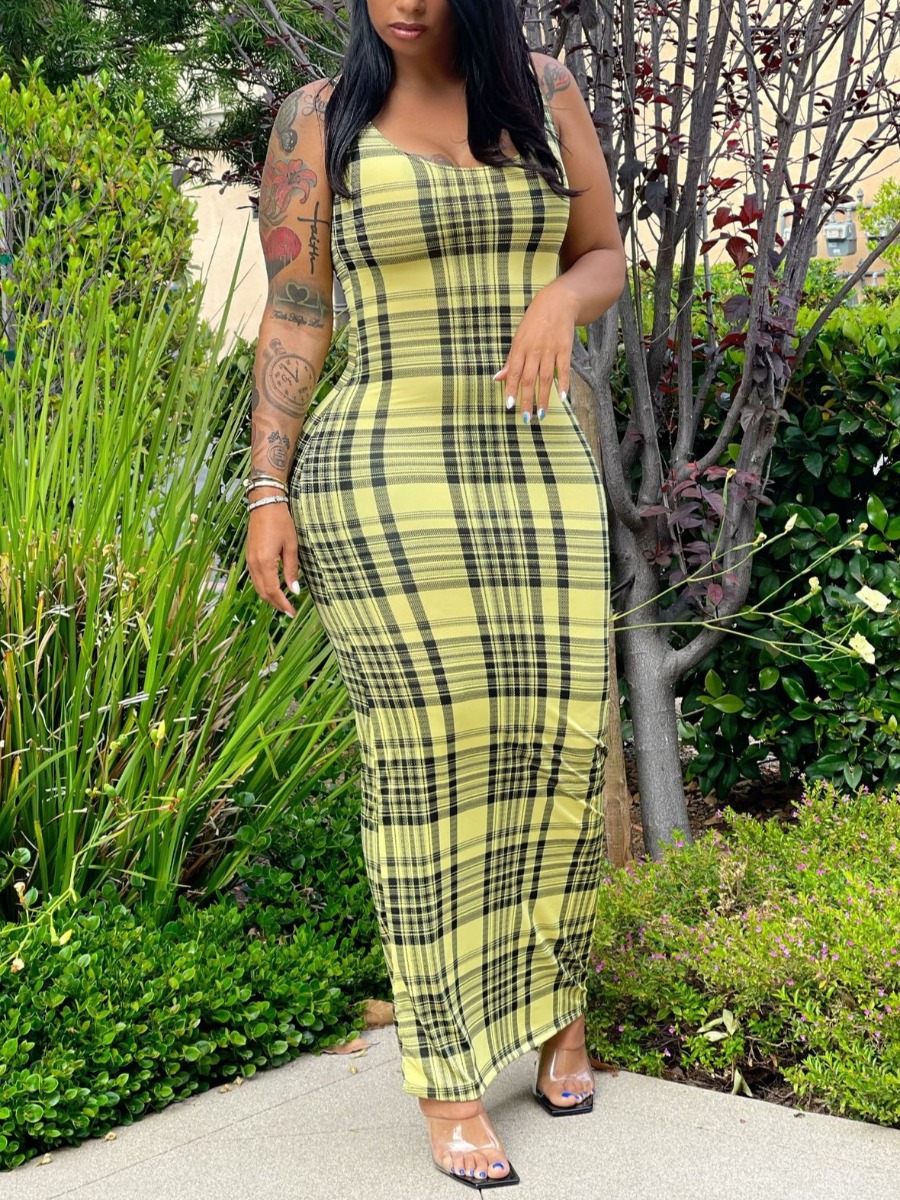 

Lovely Casual U Neck Plaid Print Yellow Ankle Length Dress