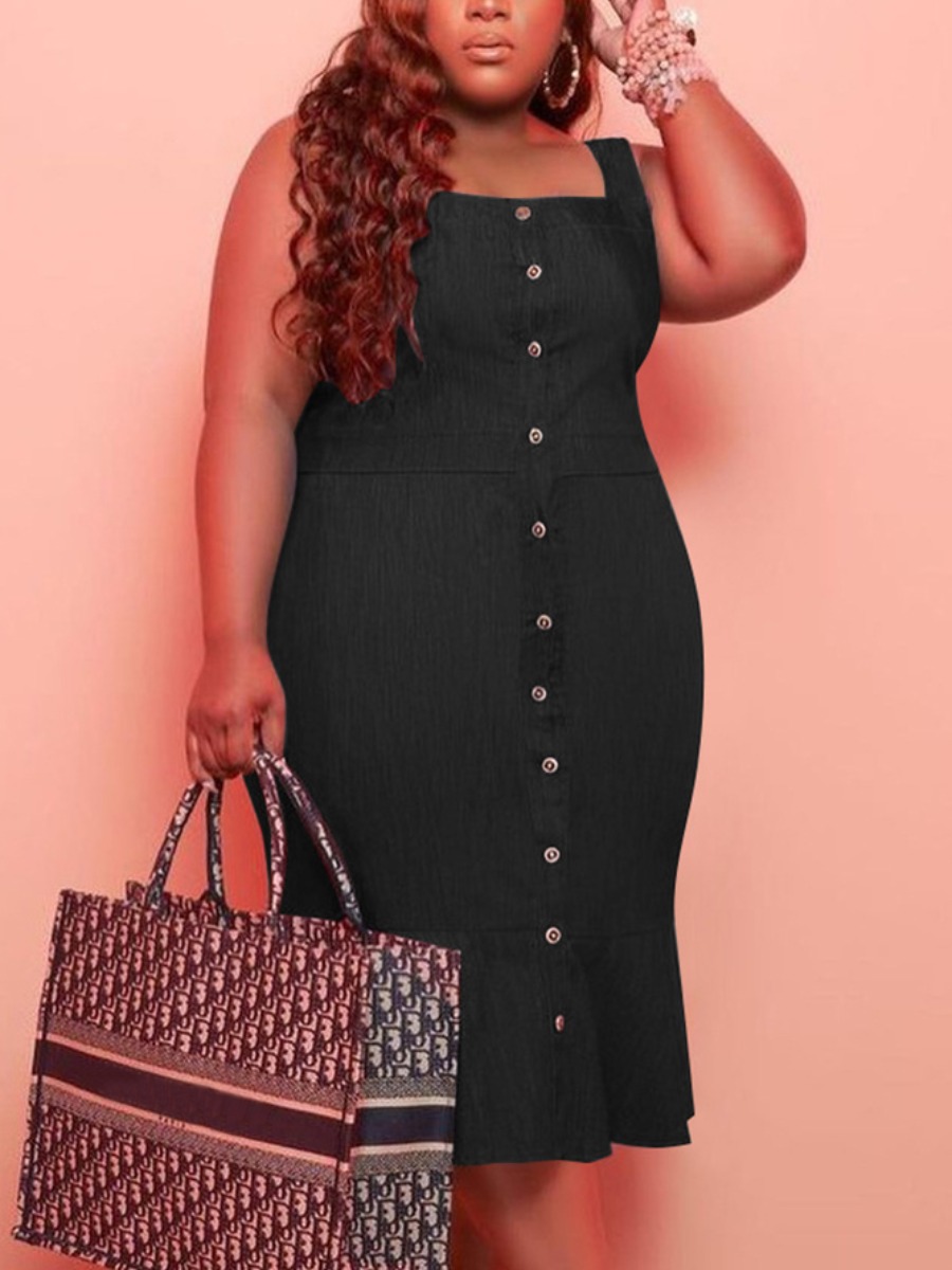 

LW Plus Size Boho Bandage Flounce Design Black Mid Calf Dress