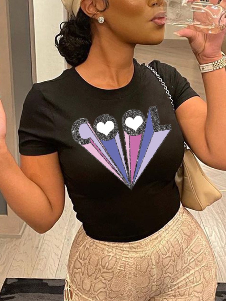 

Lovely Casual Round Neck Heart Print Black T-shirt