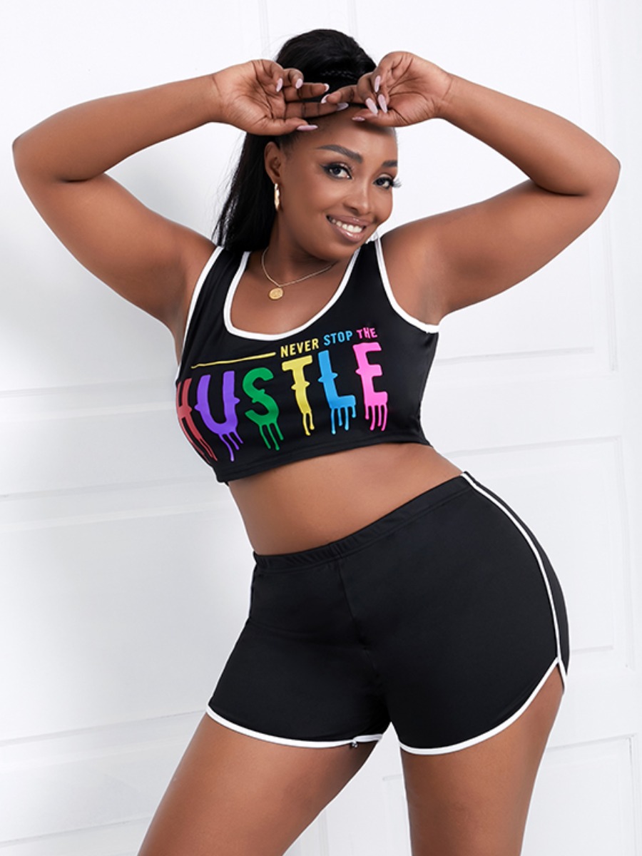 

Lovely Plus Size Sporty Letter Print Striped Black Two-piece Shorts Set