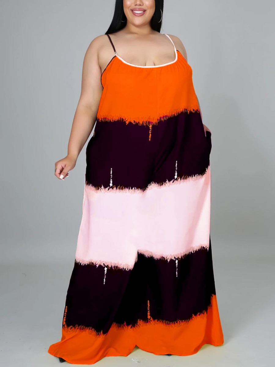 

LW Plus Size Boho Spaghetti Strap Tie-dye Croci Floor Length Dress
