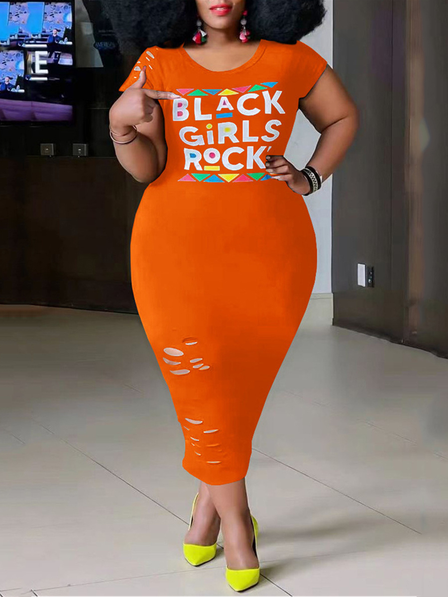 

Lovely Plus Size Casual Letter Print Ripped Orange Mid Calf Dress