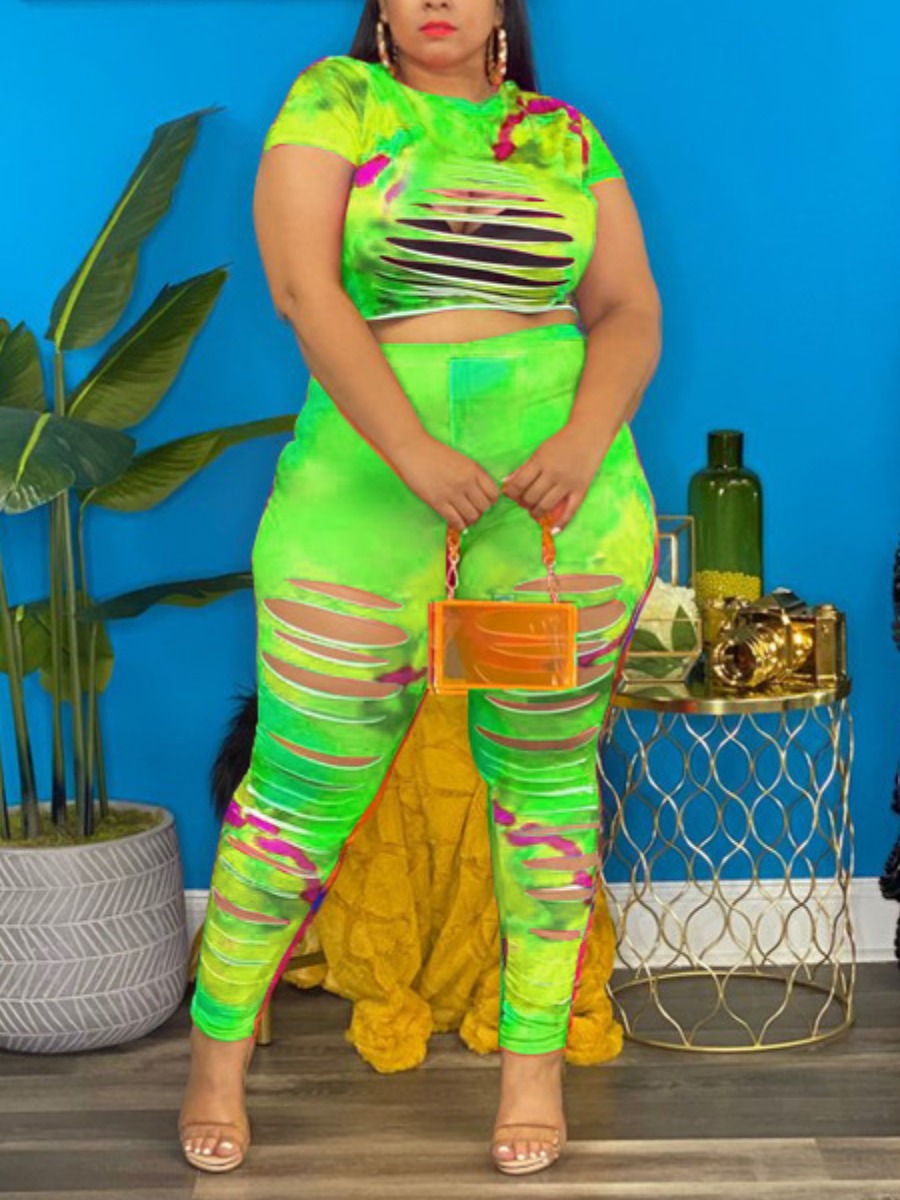 

Lovely Plus Size Street Tie-dye Ripped Green Two-piece Pants Set