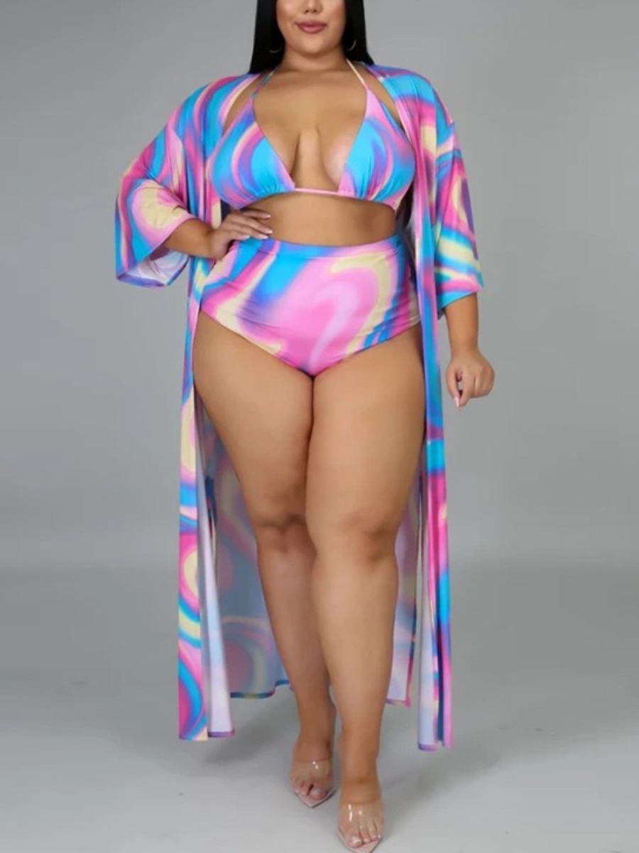 

Lovely Plus Size Boho Tie-dye High-waisted Multicolor Tankini, Multi