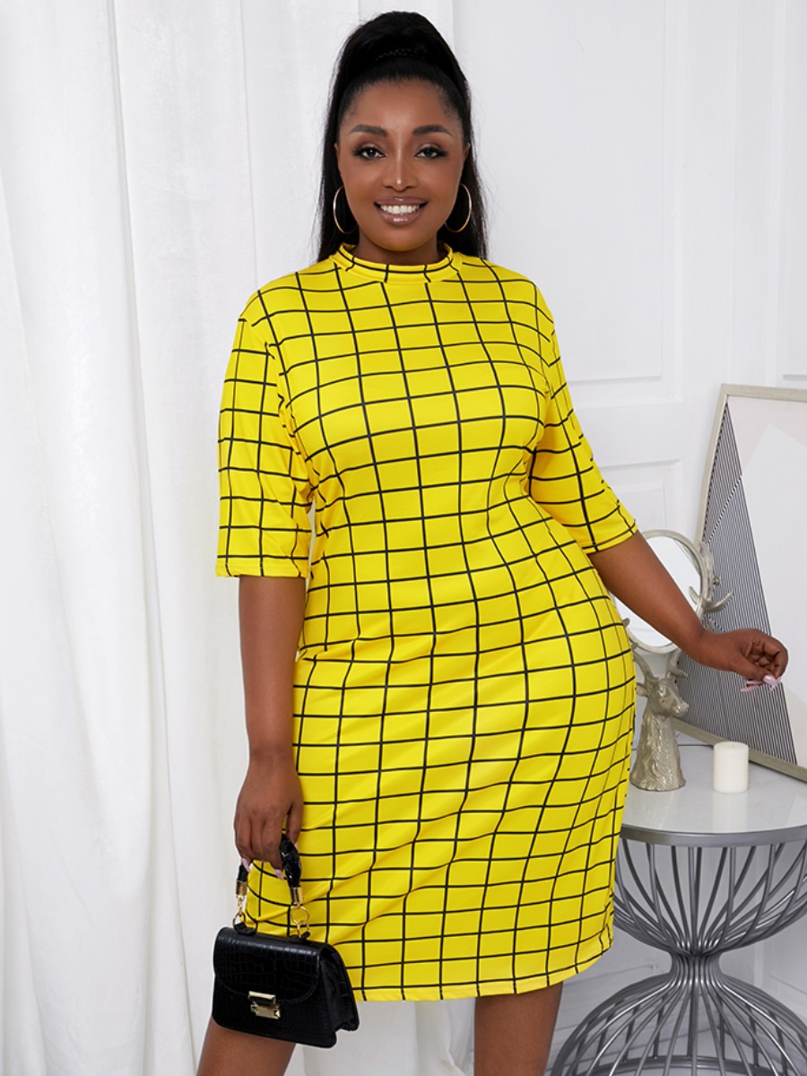 

Lovely Plus Size Casual Round Neck Plaid Print Lemon Yellow Mid Calf Dress