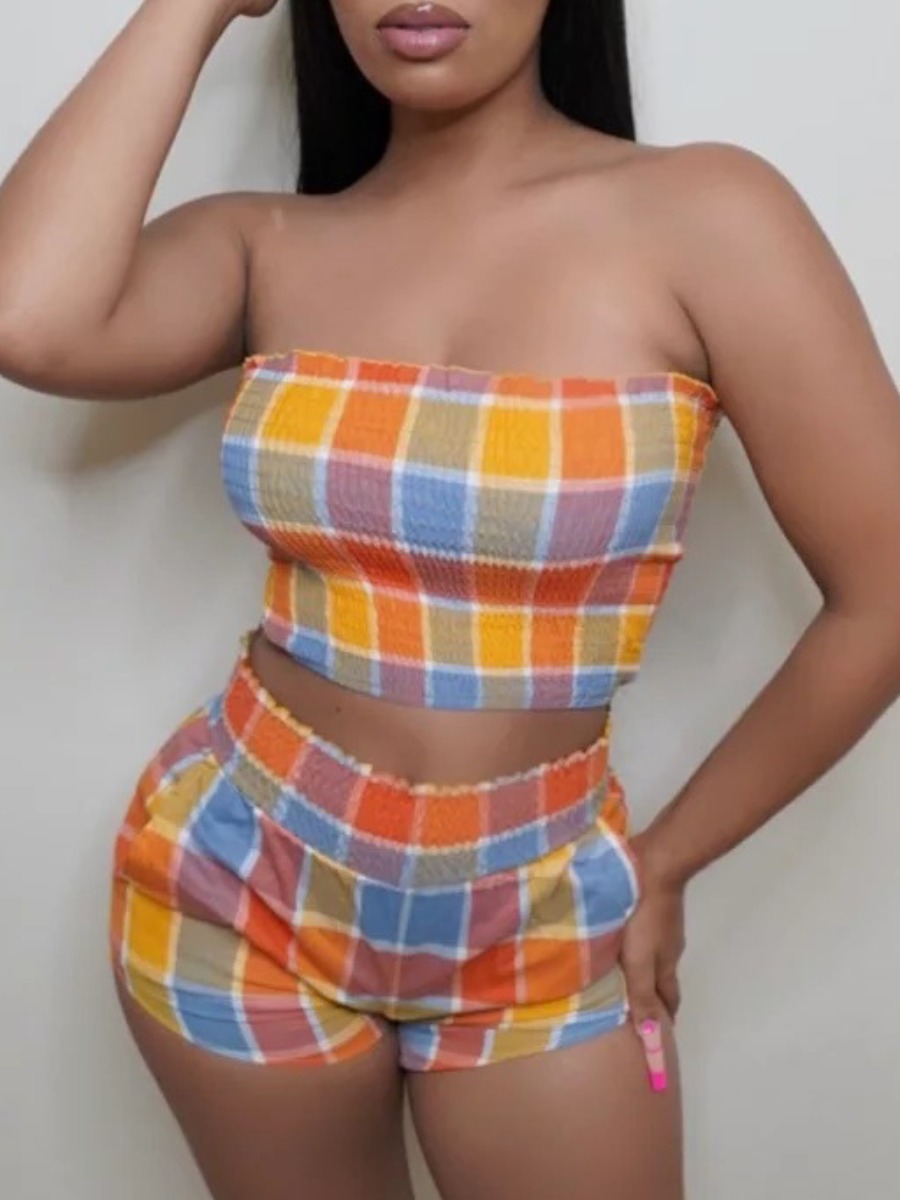 

Lovely Casual Off The Shoulder Plaid Print Croci Two Piece Shorts Set