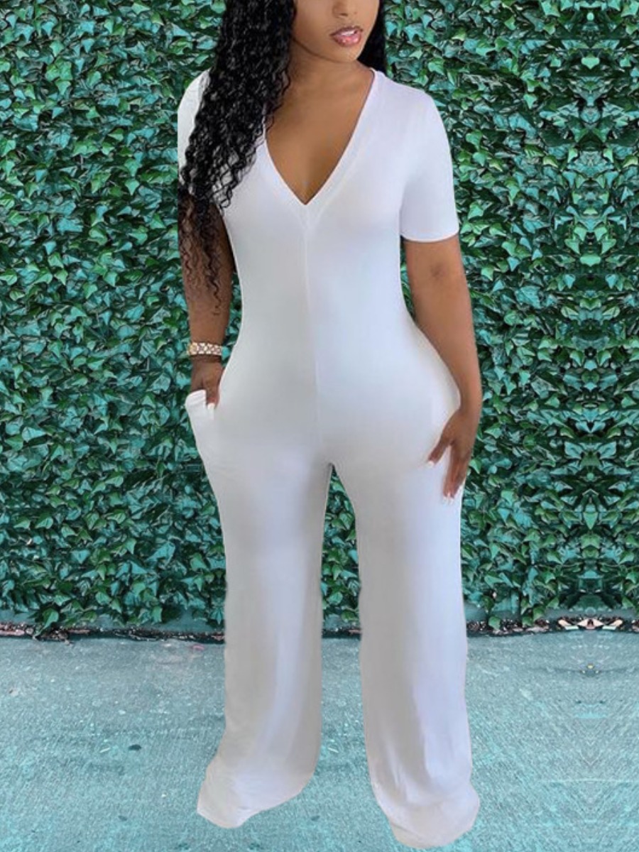 

LW BASICS Casual V Neck Pocket Design White One-piece Jumpsuit