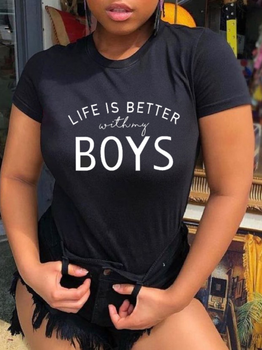 

Lovely Casual Round Neck Letter Print Black T-shirt