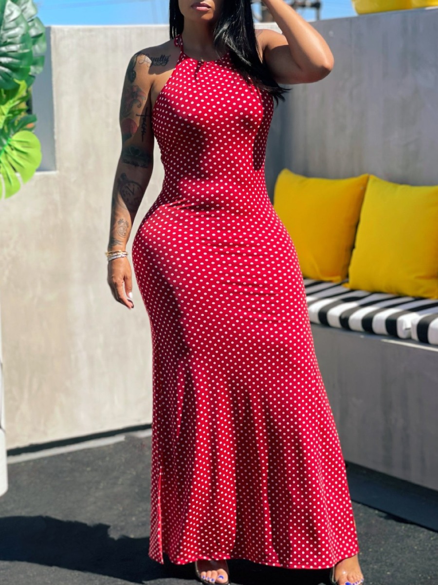 

Lovely Sexy Dot Print Backless Red Ankle Length Dress