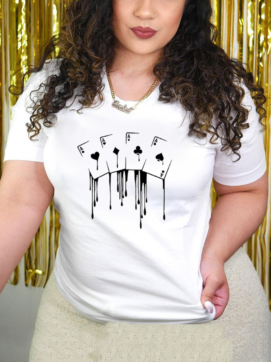 

Lovely Casual Round Neck Poker Print White T-shirt