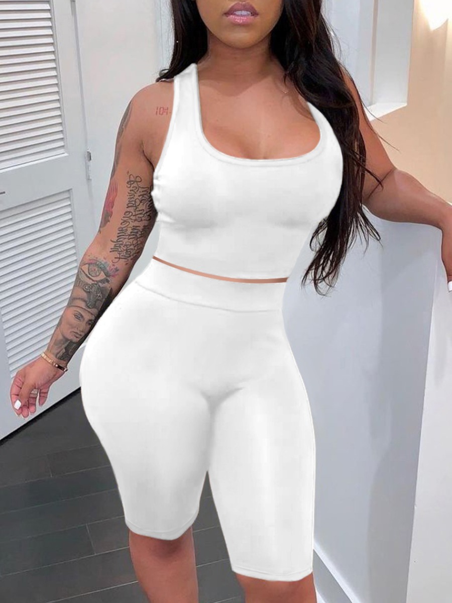 

LW U Neck High-waisted Shorts Set, White