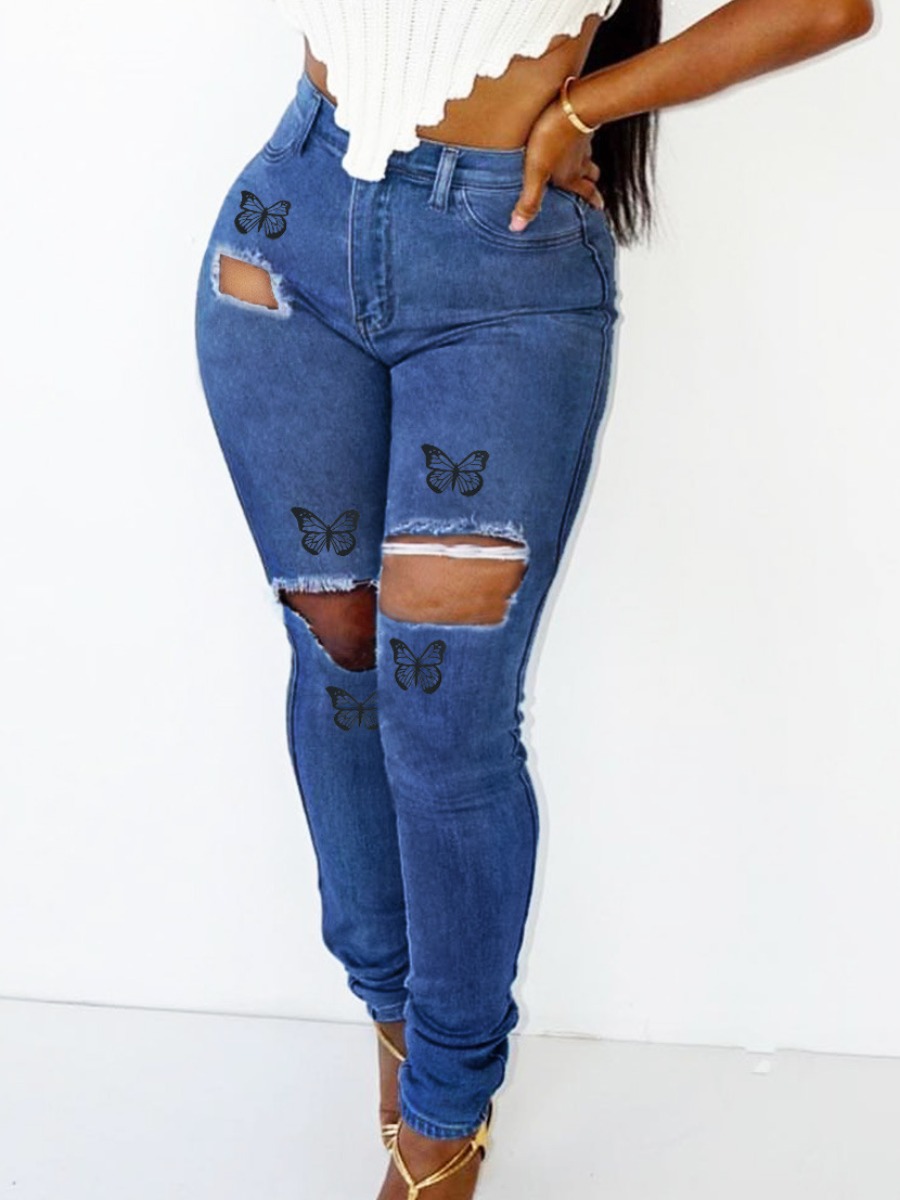 

LW Street High Stretchy Butterfly Print Ripped Blue Jeans