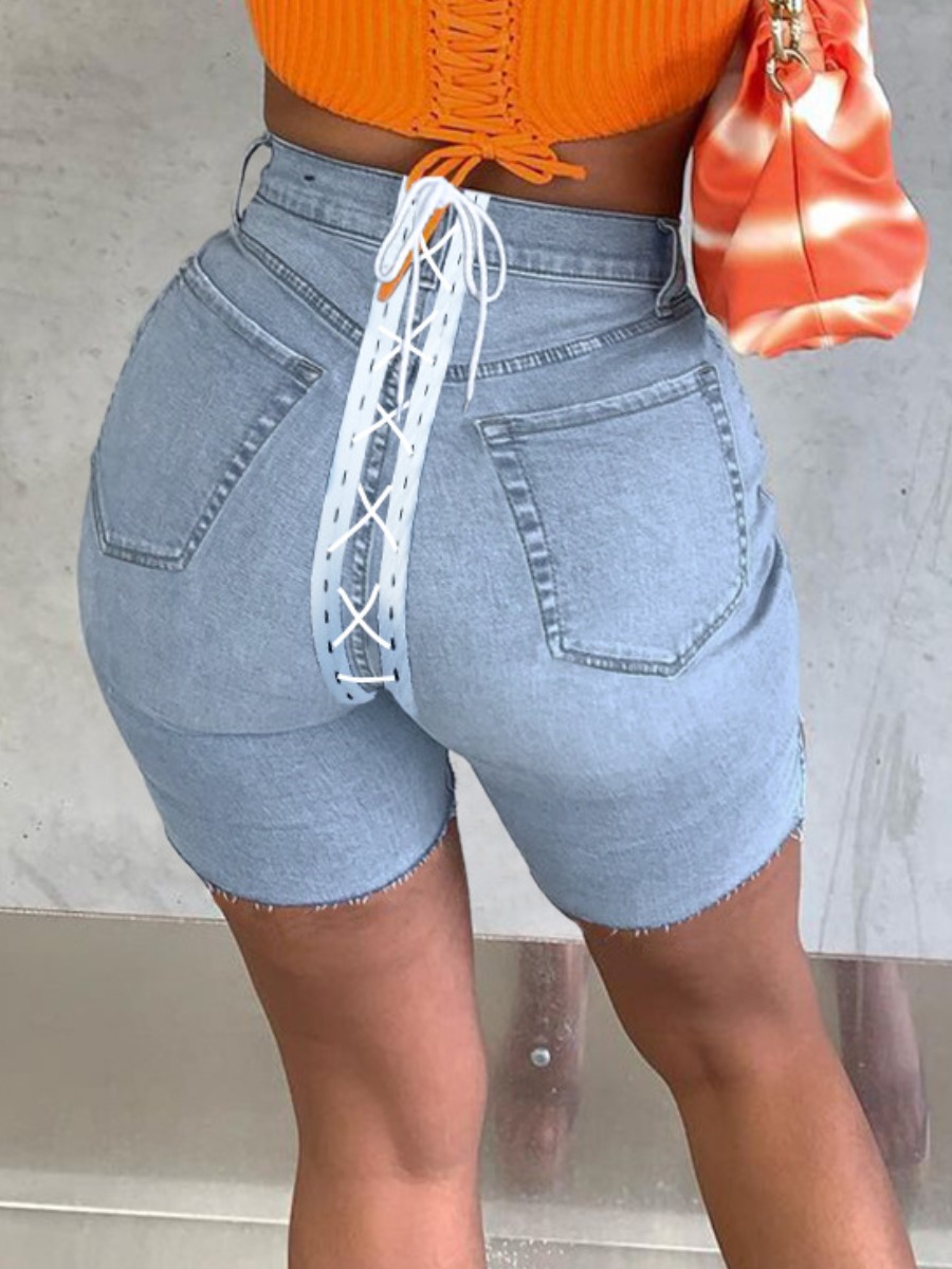 

LW Casual Raw Edge Bandage Design Baby Blue Denim Shorts