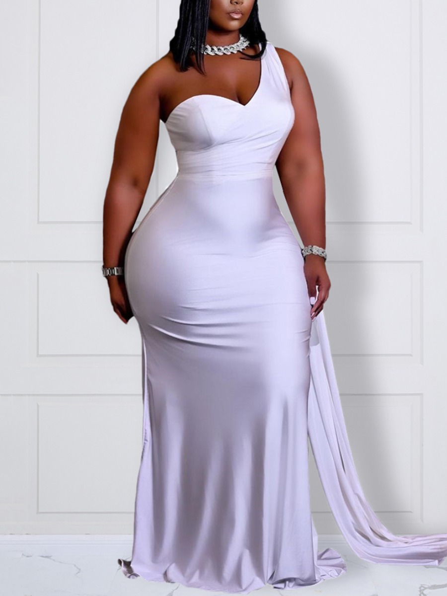 

LW BASICS Plus Size Elegant One Shoulder White Floor Length Dress