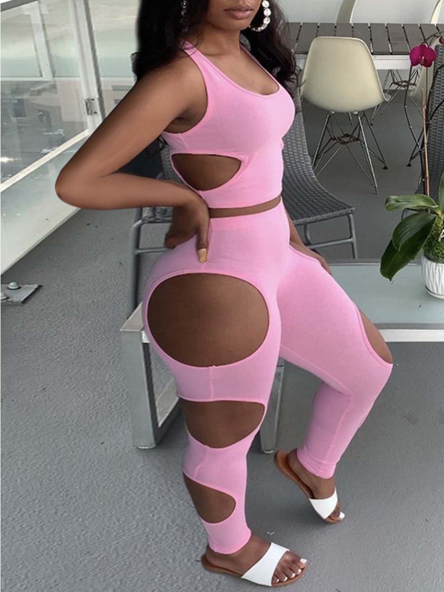 

Lovely Street U Neck Hollow-out Pink Two Piece Pants Set