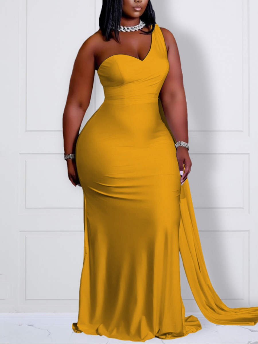 

Lovely Plus Size Elegant One Shoulder Yellow Floor Length Dress