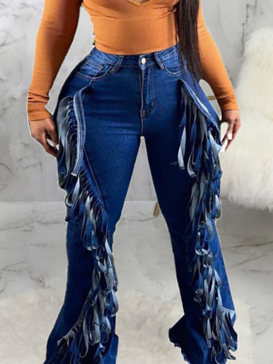 

LW Plus Size Street High-waisted Tassel Design Deep Blue Jeans