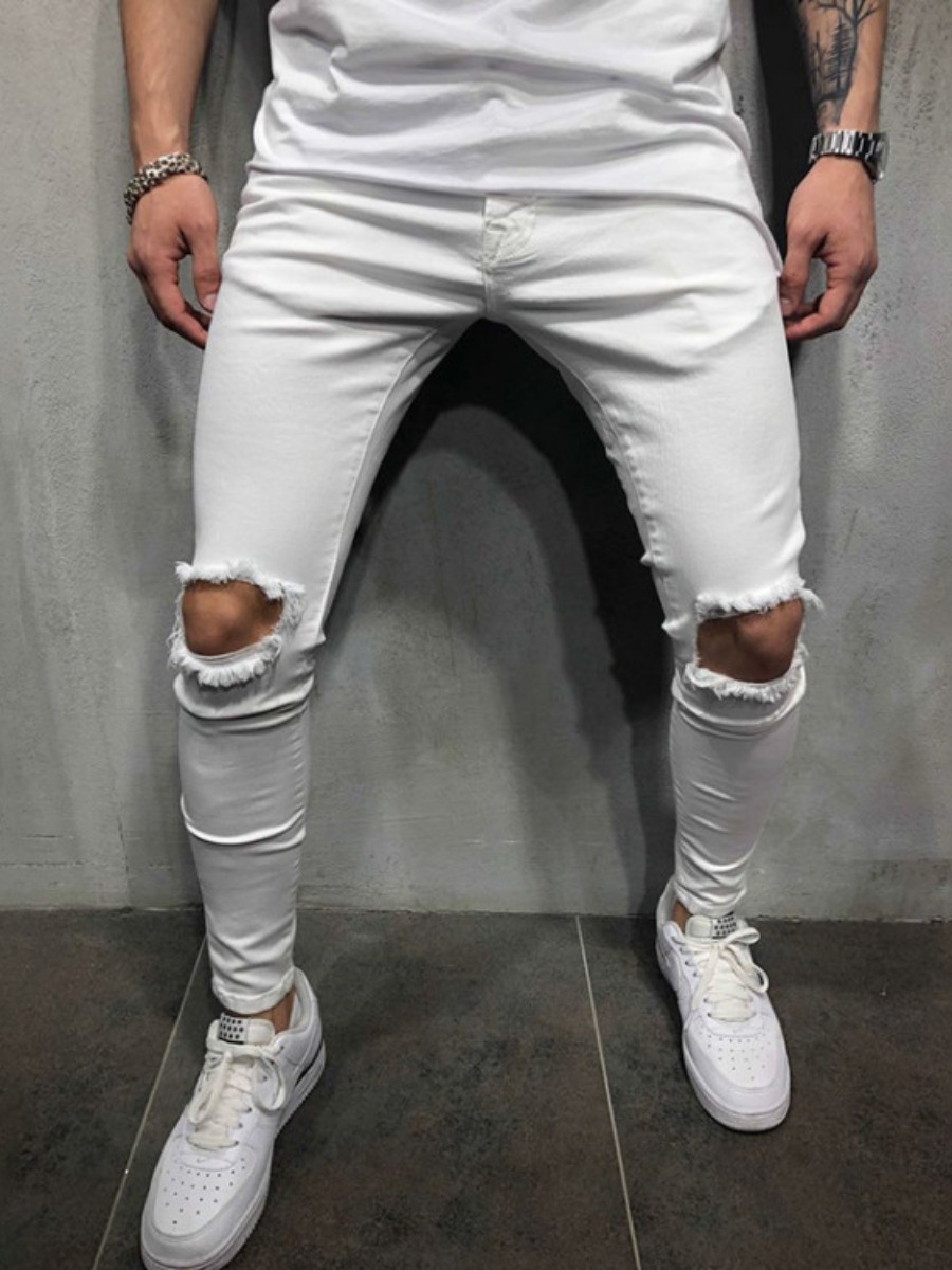 

LW Men Casual Mid Waist Ripped White Jeans