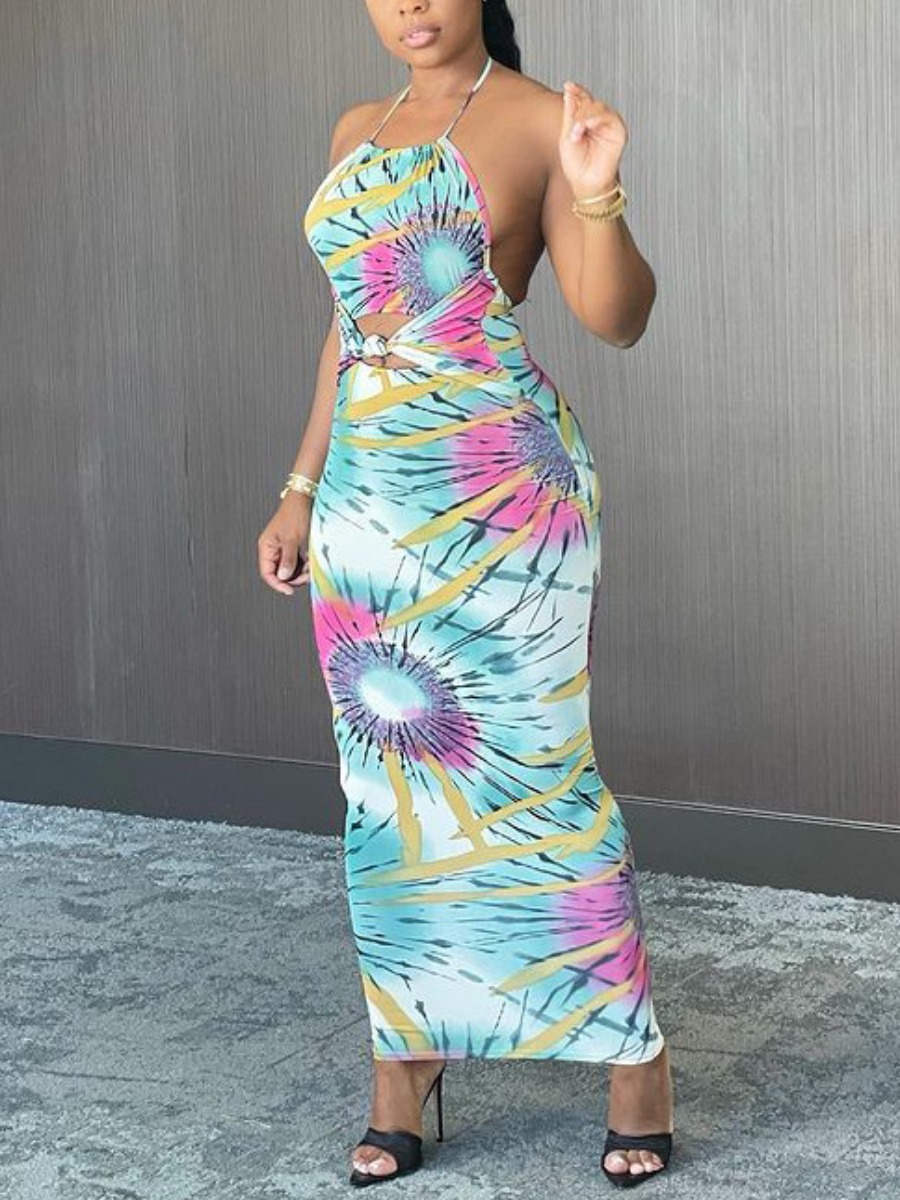 

Lovely Sexy Print Backless Hollow-out Baby Blue Ankle Length Dress