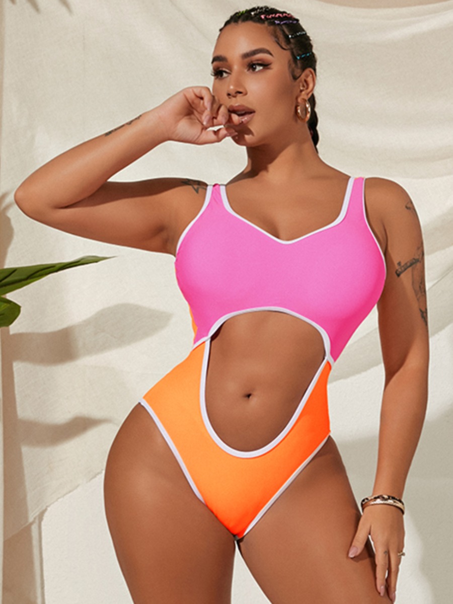 

Lovely Boho Color-lump Hollow-out Pink One-piece Swimsuit