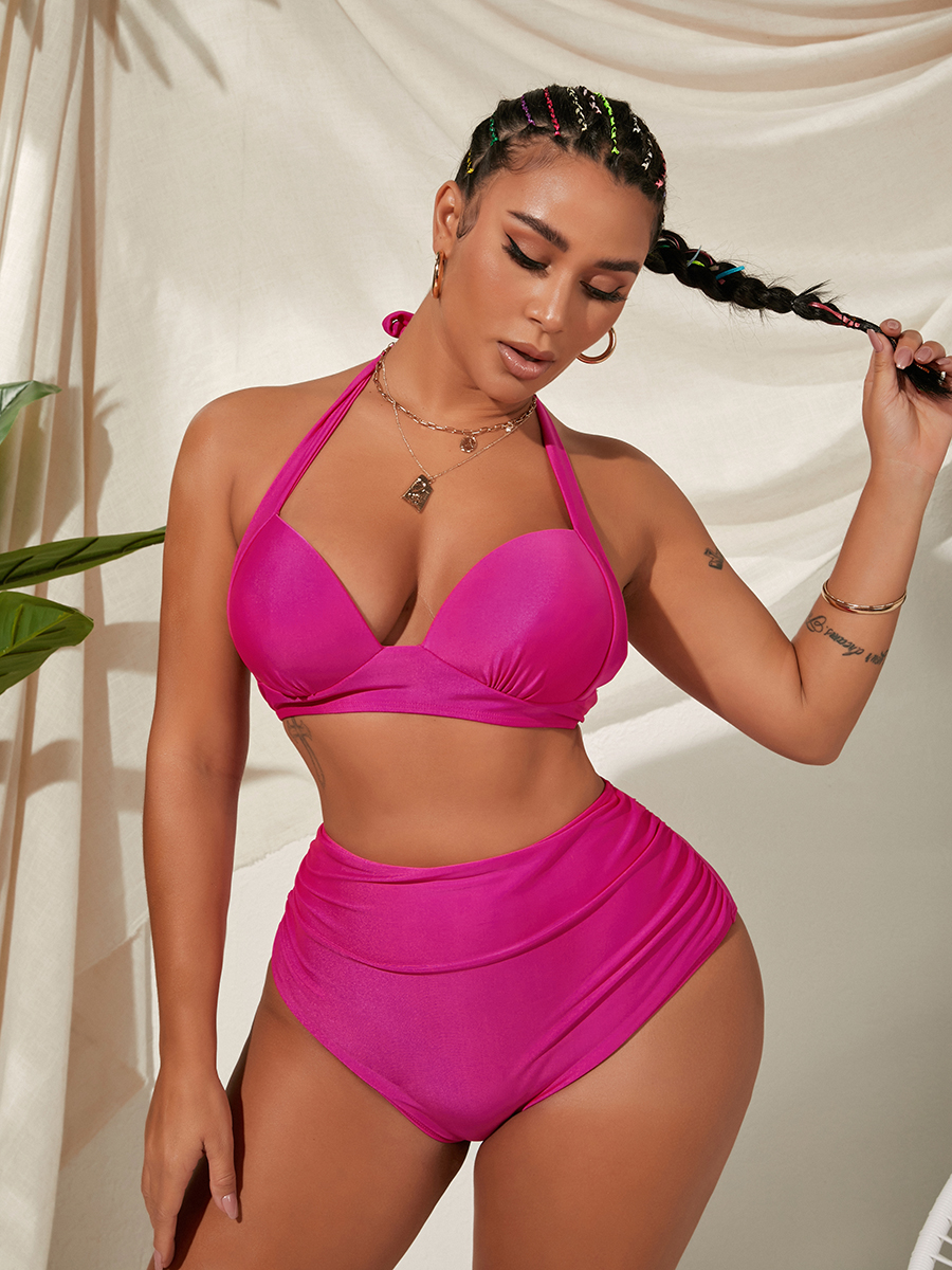 

Lovely Boho High-waisted Basic Skinny Rose Red Two-piece Swimsuit