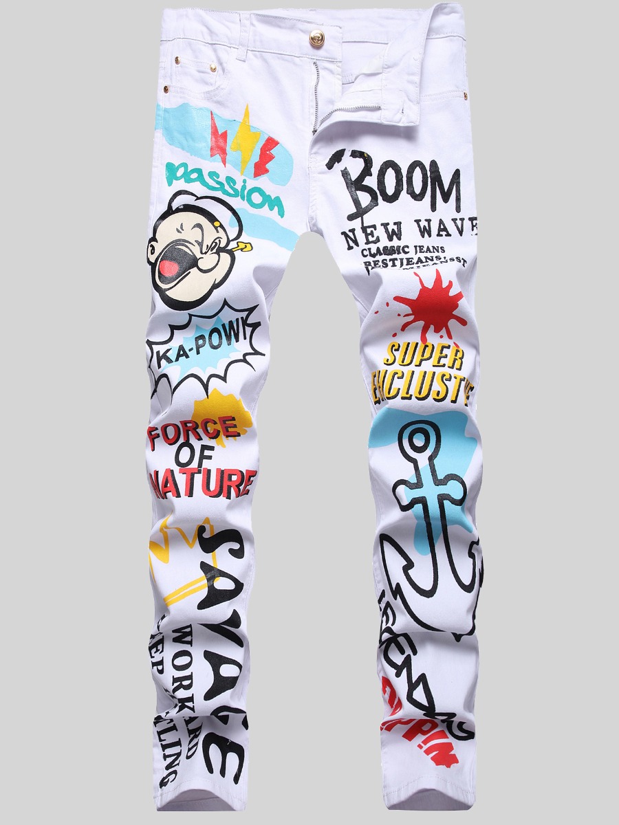 

Lovely Men Street Cartoon Letter Print White Jeans