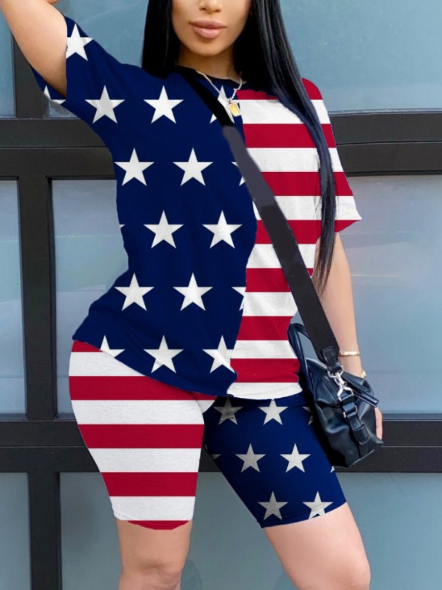 

LW Casual American Flag Star Print Deep Blue Two Piece Shorts Set