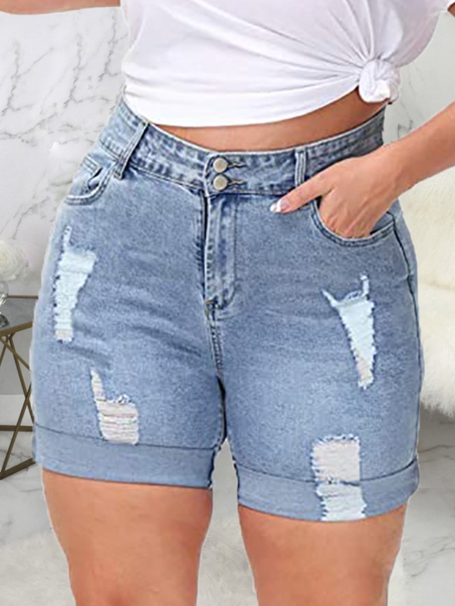 

Lovely Casual High-waisted Ripped Baby Blue Denim Shorts