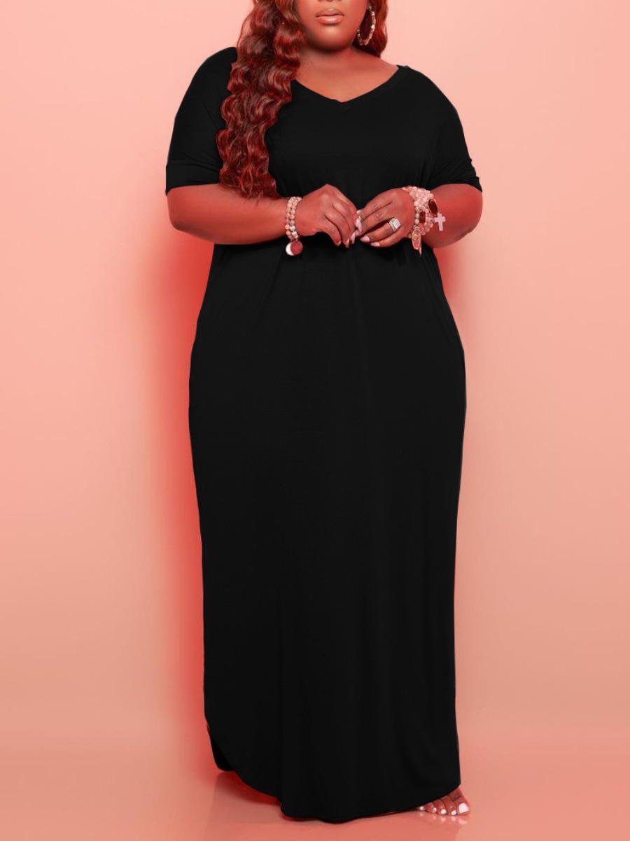 

Lovely Plus Size Casual V Neck Loose Black Floor Length Dress