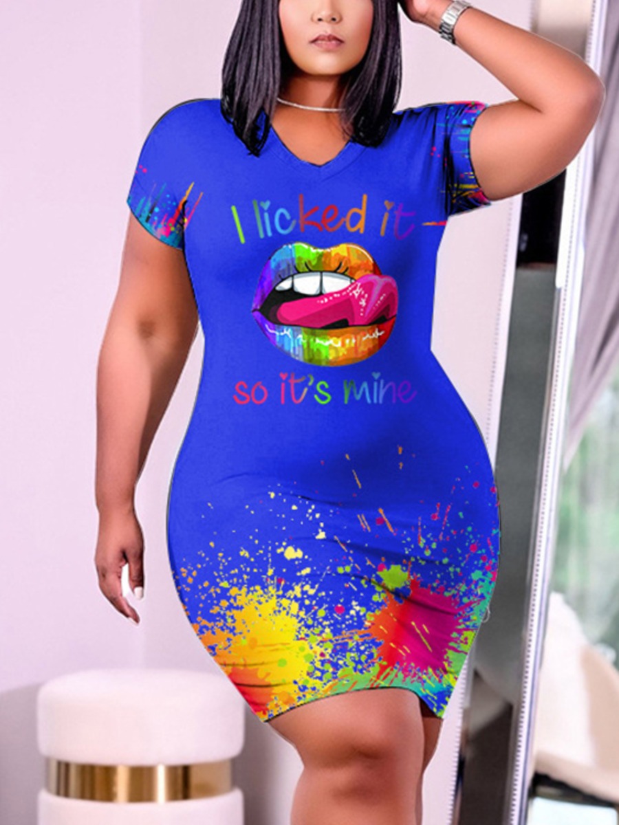 

Lovely Plus Size Street Lip Print Splash-ink Design Blue Knee Length Dress