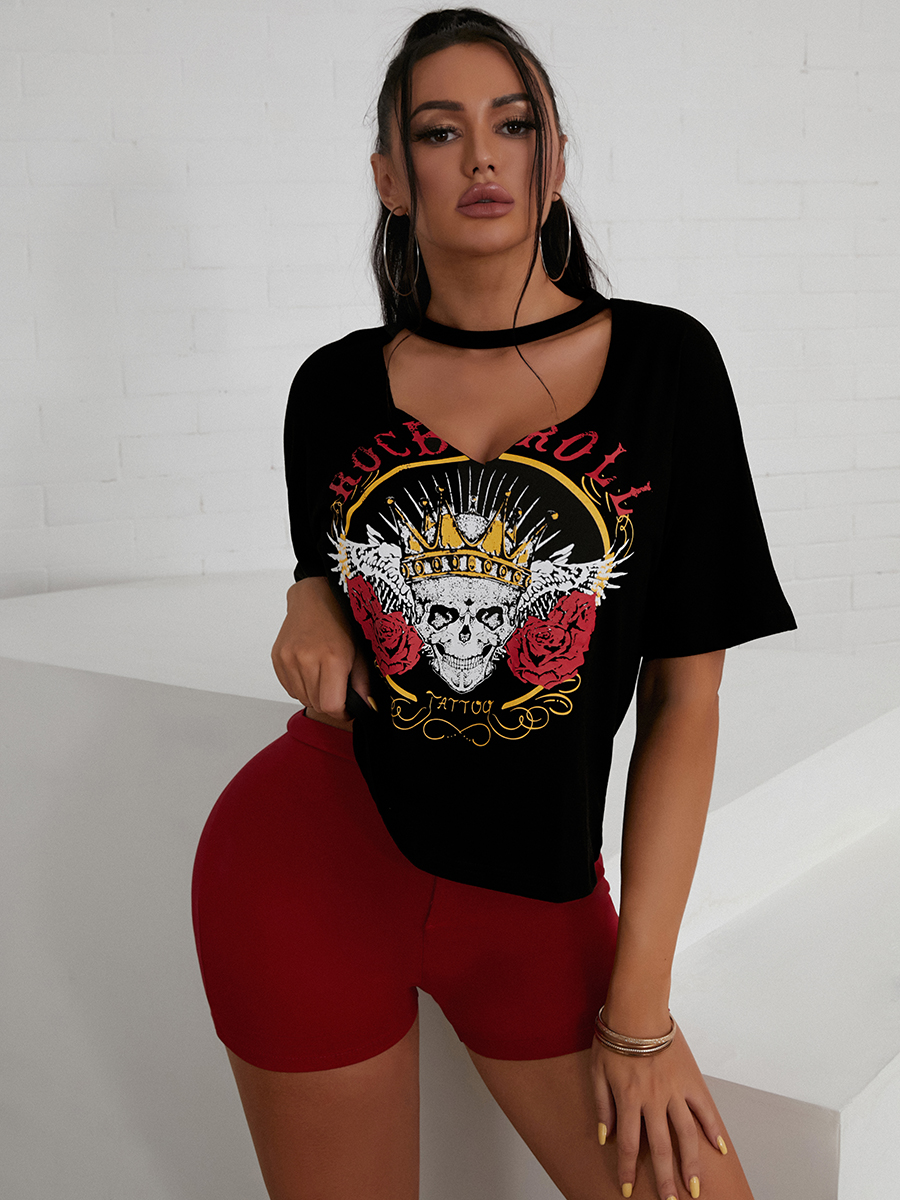 

Lovely Street Skull Head Letter Print Black T-shirt