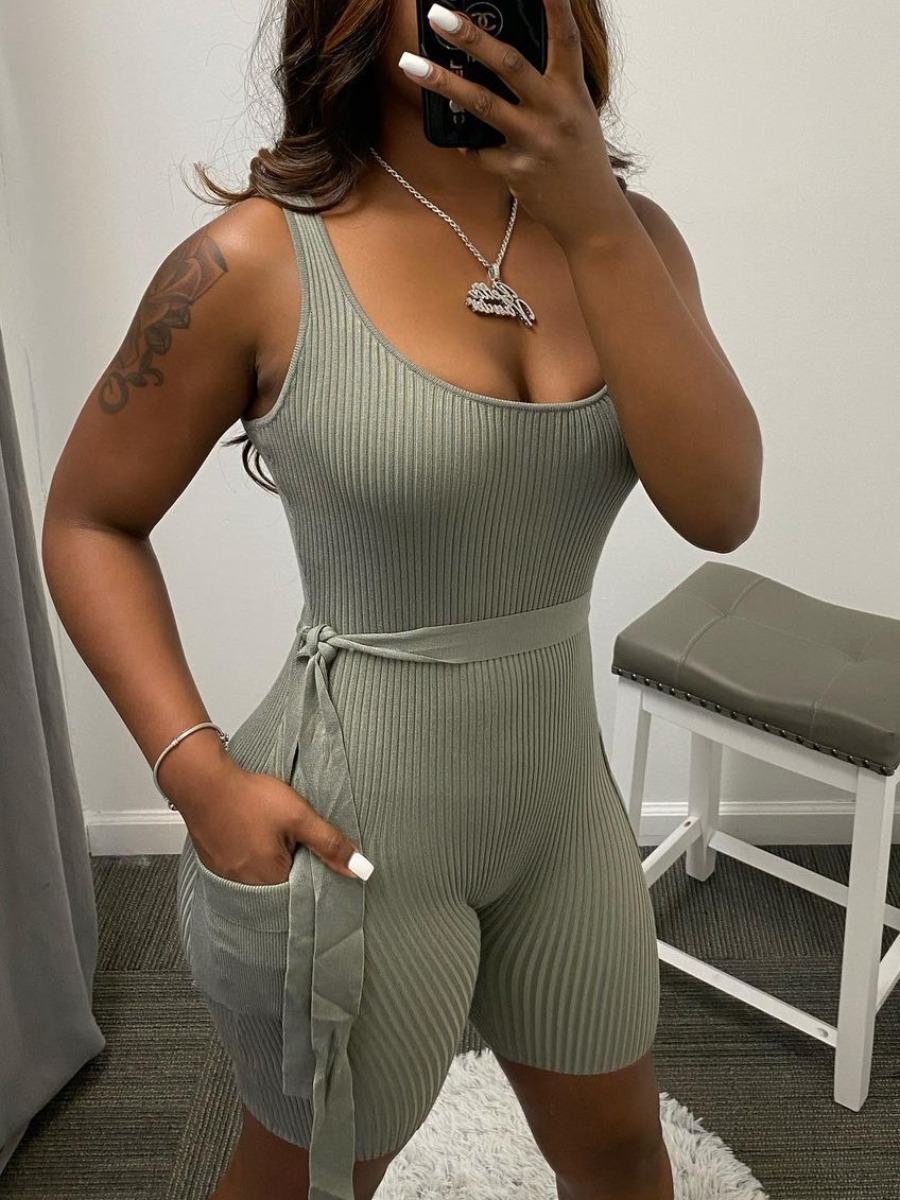 

Lovely Casual Rib-Knit Bandage Design Grey One-piece Romper