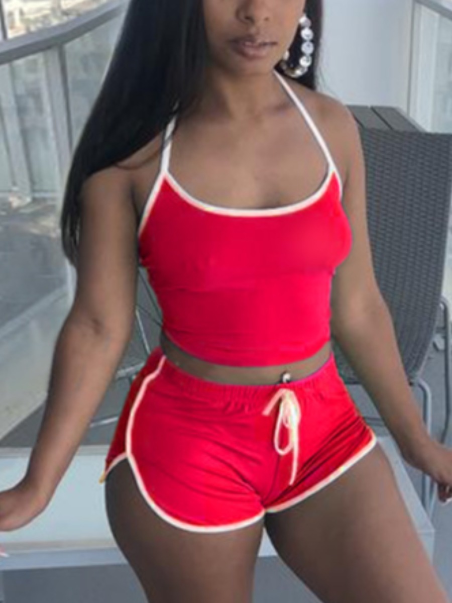

Lovely Sporty Backless Drawstrng Red Two Piece Shorts Set