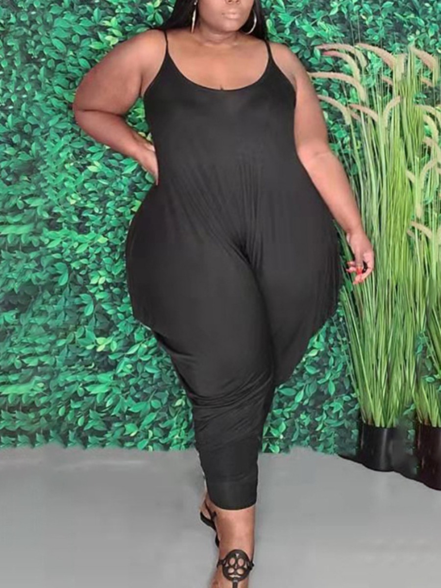 

LW Plus Size Casual Spaghetti Strap Fold Design Black One-piece Jumpsuit