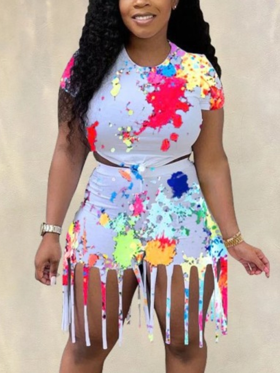 

Lovely Plus Size Street Splash-ink Tassel Design Grey Two-piece Shorts Set