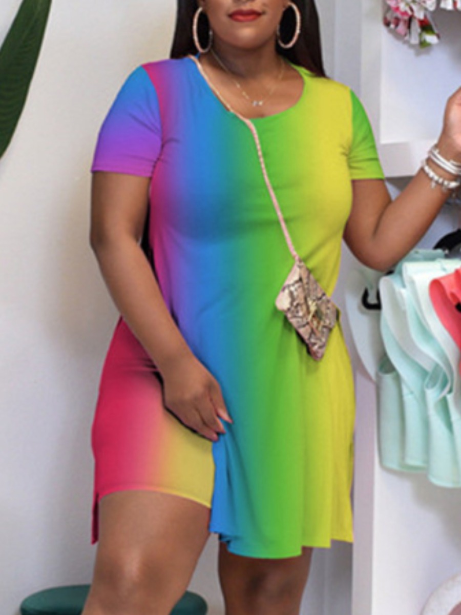 

Lovely Plus Size Street Gradient Split Multicolor Two-piece Shorts Set, Multicolor mstn