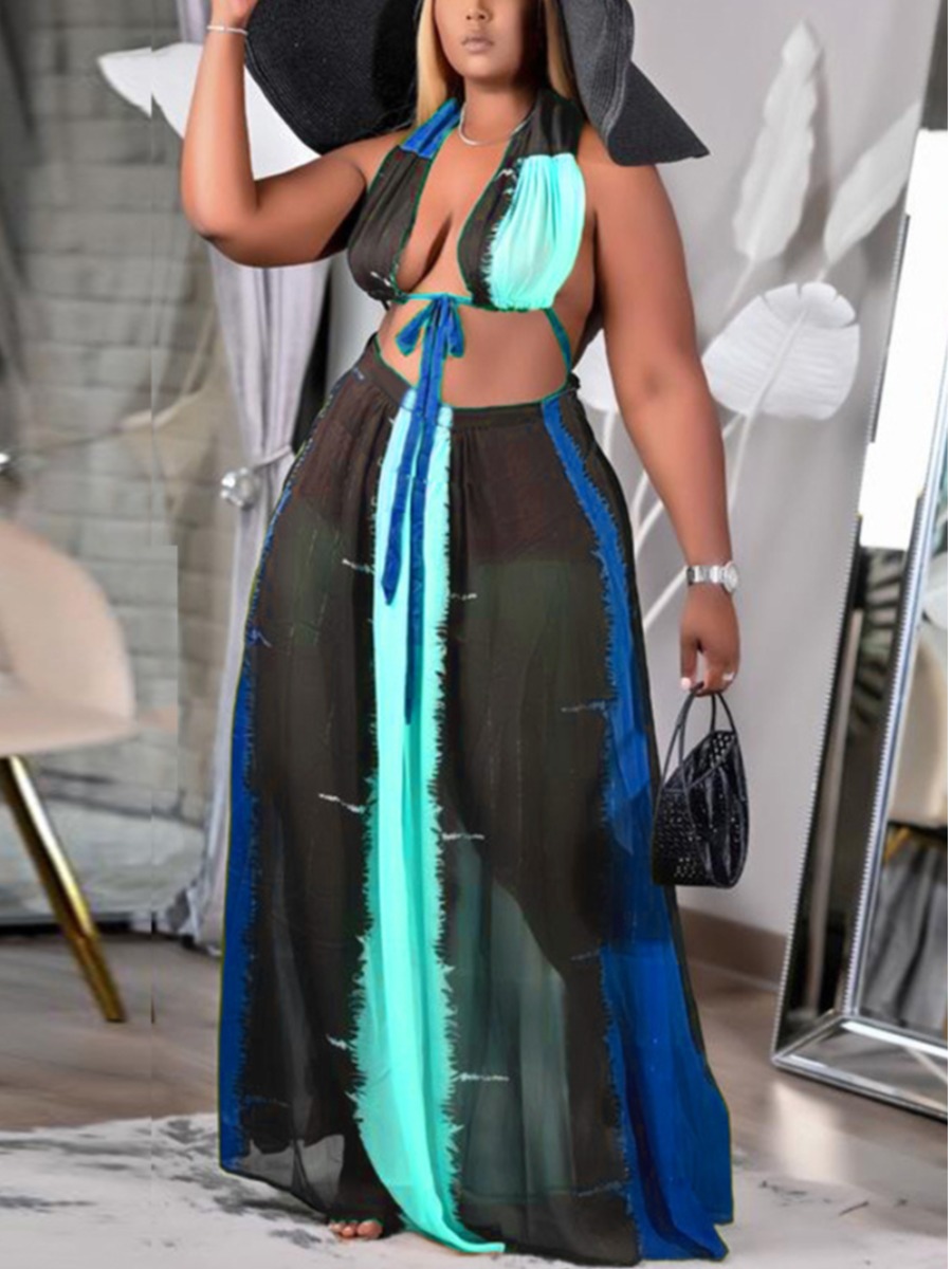 

Lovely Plus Size Boho Print Backless See-through Blue Two-piece Skirt Set