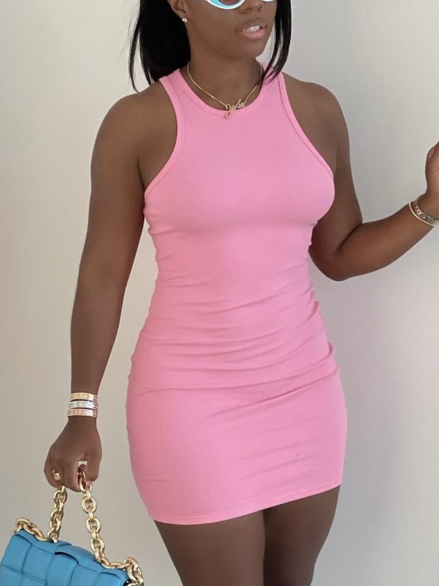 

Lovely Casual Round Neck Basic Skinny Pink Mini Dress