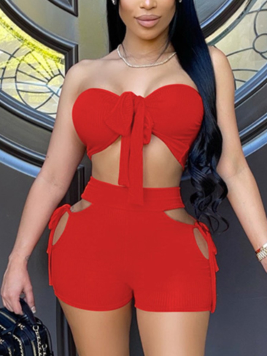 

LW SXY Bandage Hollow-out Design Red Two Piece Shorts Set