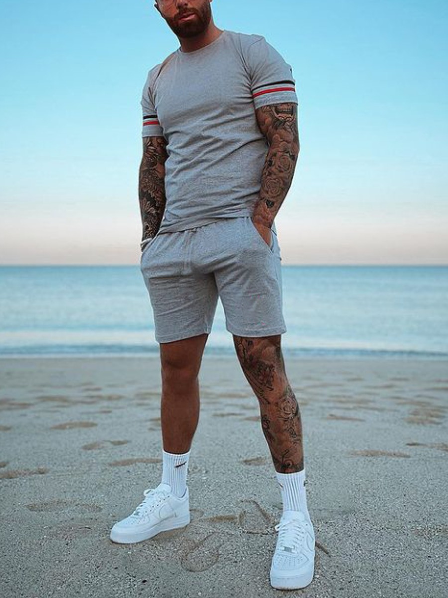 

Lovely Men Casual Round Neck Striped Grey Two Piece Shorts Set
