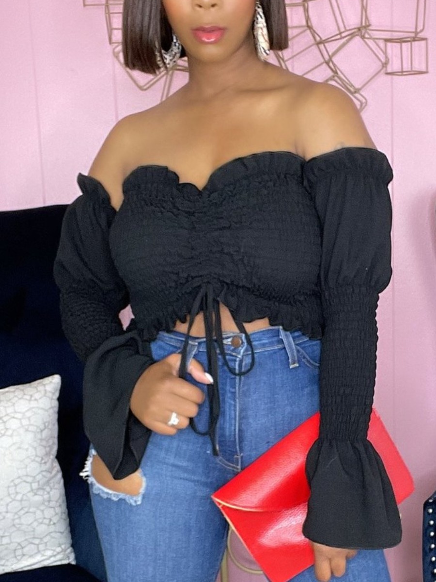 

Lovely Sweet Frill Trim Shirred Drawstring Black Blouse